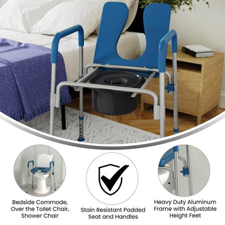 Flash Furniture Hercules Blue Shower Commode Chair with Safety Rail, Height Adjustable Frame, Padded Seat & Armrests DC-HY6458L-BL-GG